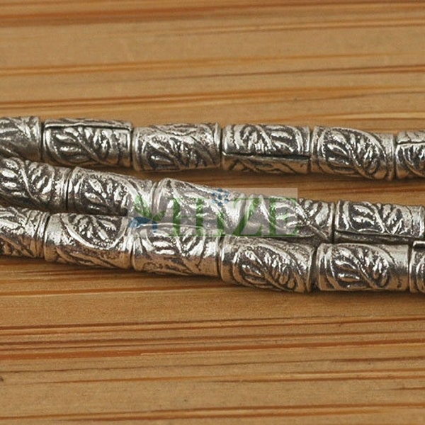 HIZE SB416 Thai Karen Hill Tribe Silver Tribal Leaf Print Tube Beads 2.5mm (14")