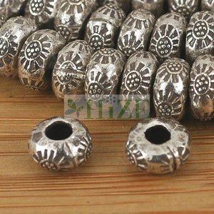 HIZE SB271 Thai Karen Hill Tribe Silver Tribal Sun Flower Imprint Donut Rondelle Spacer Beads 7mm (16)