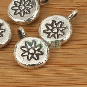 HIZE SC345 Thai Karen Hill Tribe Silver Tribal Flower Printed Round Disc Coin Charms 10mm (4)