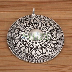 HIZE SC395 Thai Karen Hill Tribe Silver Tribal Print Sun Flower Floral Round Disc Focal Pendants 34mm