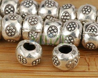 HIZE SB343 Thai Karen Hill Tribe Silver Daisy Flower Print Roller Rondelle Spacer Beads 5mm (24)