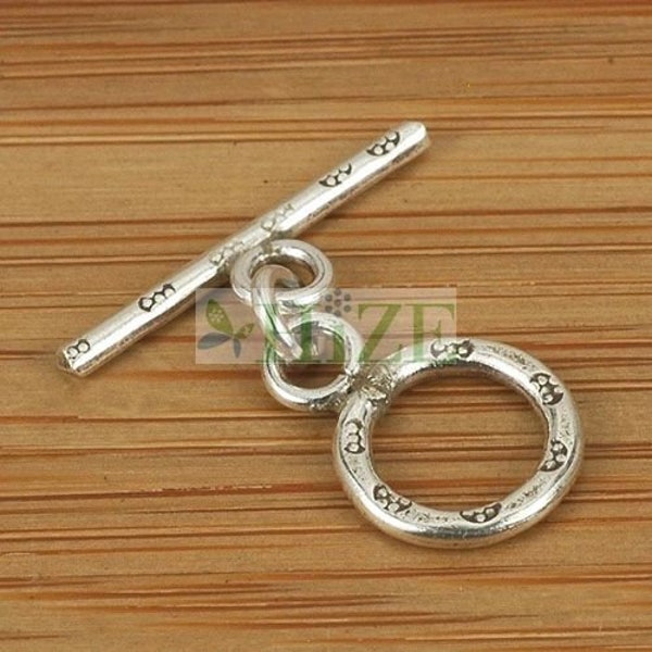 HIZE CN065 Thai Karen Hill Tribe Silver Tribal Daisy Flower Print Round Toggles 10mm (5)