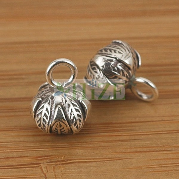 HIZE SC063 Thai Karen Hill Tribe Silver Tribal Stripe Leaf Imprint Round Ball Charms 9mm (6)