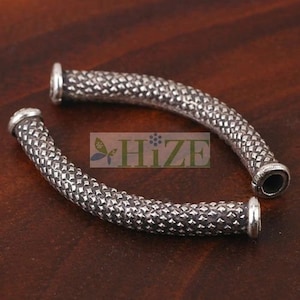 HIZE SB657 Thai Karen Hill Tribe Silver Grate Scale Texture Curve Tube Focal Beads 50mm (2)