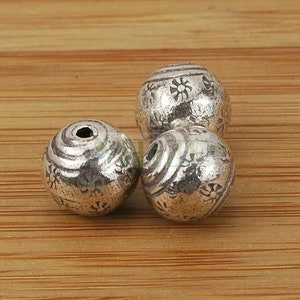 HIZE SB352 Thai Karen Hill Tribe Silver Sun Print Ridged Ball Round Beads 10mm (4)