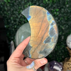 May include: A crescent-shaped labradorite stone with iridescent blue, gold, and brown hues. The polished gemstone is held in front of a green backdrop, with other crystals and decorative items visible in the background.