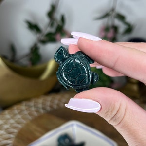 May include: A small, green, carved turtle figurine made of stone. The turtle is sitting on a person's hand.