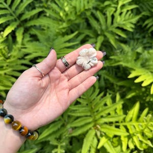 May include: A carved, off-white flower held in a hand, set against a backdrop of green foliage. The flower has detailed petals. A bracelet with yellow and black beads is visible on the wrist, along with rings on the fingers.