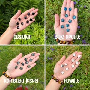 May include: Four hands holding different types of star-shaped crystals. The crystals are obsidian, blue apatite, kamba baba jasper, and howlite. Each hand is wearing a tiger's eye bracelet.