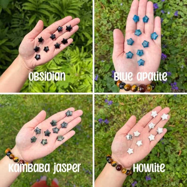 May include: Four hands holding different types of star-shaped crystals. The crystals are obsidian, blue apatite, kamba baba jasper, and howlite. Each hand is wearing a tiger's eye bracelet.