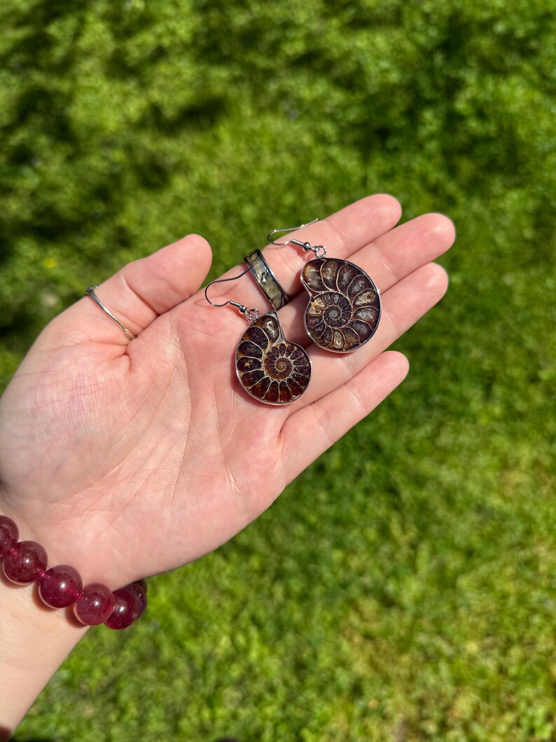 May include: A pair of silver earrings with a brown and gold ammonite fossil design.