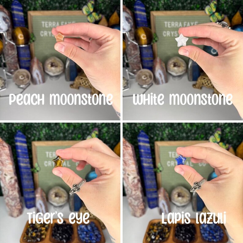 May include: Four star-shaped crystal stones in different colors: peach moonstone, white moonstone, tiger's eye, and lapis lazuli. The stones are held in the hands of a person.