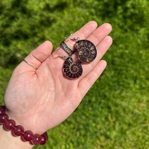 May include: A pair of silver earrings with a brown and gold ammonite fossil design.
