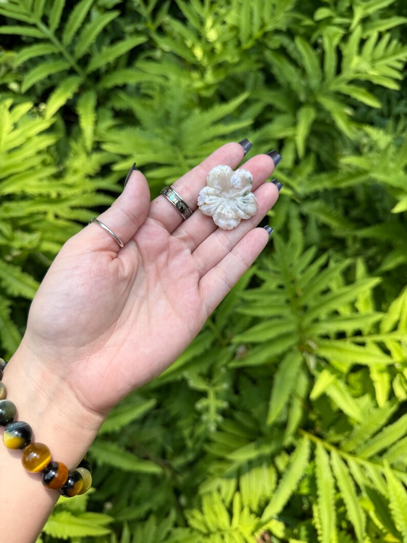 May include: A carved, light-colored stone flower is held in a hand, showcasing intricate details. The flower is the focal point, set against a backdrop of lush green foliage. A bracelet with yellow and brown beads is visible.