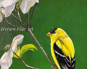 Original Goldfinch with dogwood blossoms, hand painted