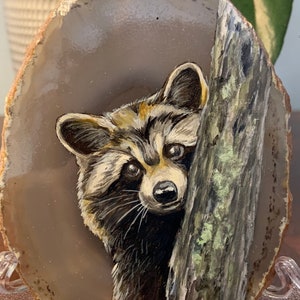 Custom hand painted racoon, original, spirit animal, agate, stone