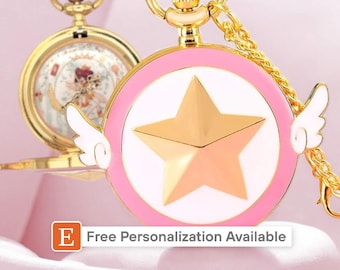 Relógio de Bolso Sakura Star Personalizado - Asas em Ouro Rosa, Joia para Cosplay de Anime, Presente com Tema Celestial Japonês, Pingente Exclusivo em Esmalte