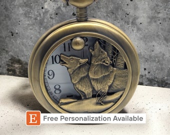 Bronze Face Men's Howling Wolves Pocket Watch Chain Ornate Wolf Quartz Mens Gift Bronze Face Men's Howling Wolves Pocket Watch Chain Ornate Wolf Quartz Mens Gift