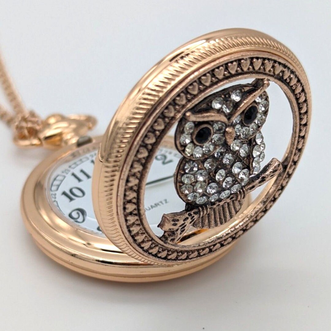Owl Crystal NEW Pocket Watch Copper Tone Jewel Encrusted  display picture 2
