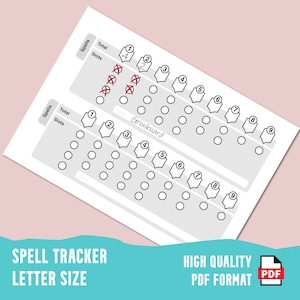 May include: A printable spell tracker for role-playing games. The tracker has two sections, each with nine slots for spells. The slots are numbered 1 through 9. The tracker also has a space for the player's name and a space for the total number of spells. The tracker is in a high-quality PDF format.