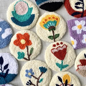 Handmade Punch Needle Coaster Set, Boho Floral Mug Rug