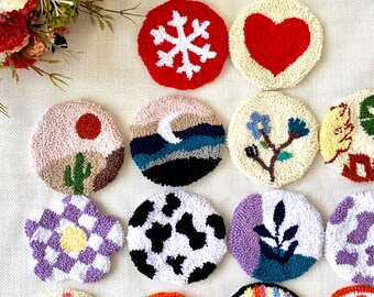 2er-Set, Punch Needle Untersetzer, Getränke Untersetzer, 3er-Set, Boho abstraktes Punch Needle Untersetzer-Set, handgemachte Becher Teppiche, Housewarminggeschenk