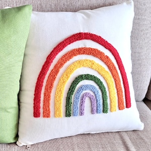 Personalized Punch Needle Rainbow Pillow, Boho Baby Shower Gift
