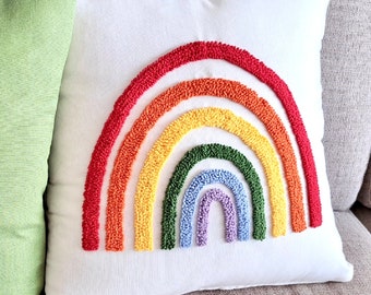 Personalized Rainbow Pillow, Rainbow Baby Gift, Custom Pillow, Baby Shower Gift, Punch Neddle Pilllow, Boho Pillowcase