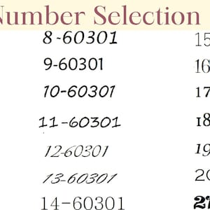 Op de afbeelding: Een lijst met nummers van 1 tot en met 21, elk gevolgd door dezelfde nummercode "60301". De nummers zijn geschreven in zwarte inkt op een lichtbeige achtergrond.