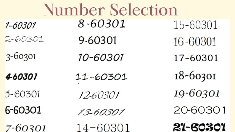 Op de afbeelding: Een lijst met nummers van 1 tot en met 21, elk gevolgd door dezelfde nummercode "60301". De nummers zijn geschreven in zwarte inkt op een lichtbeige achtergrond.