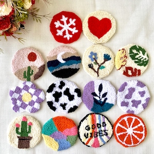Handmade Punch Needle Coaster Set, Boho Mug Rugs, Fall Decor