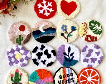 Punch Needle Untersetzer, Untersetzer, Herbst Dekor, Boho Abstraktes Punch Needle Untersetzer-Set, Handgefertigte Mug Rugs,