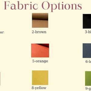 Op de afbeelding: Negen stofstalen in verschillende kleuren, waaronder cr&egrave;me, bruin, zwart, grijs, oranje, blauw, roze, geel en groen. De stalen zijn gerangschikt in drie rijen van drie.