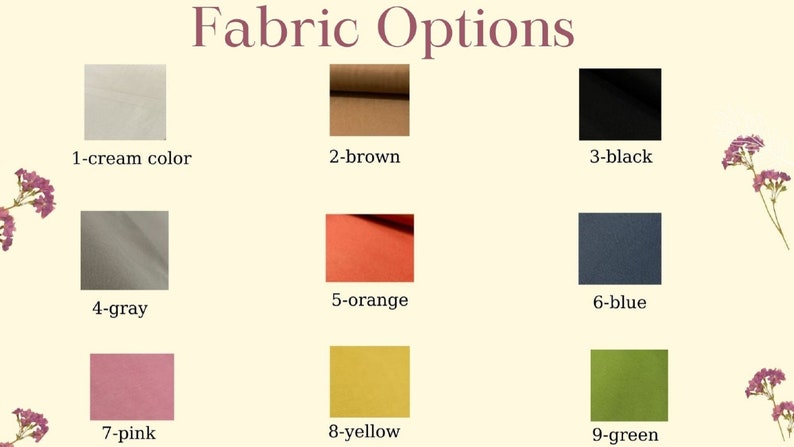 Op de afbeelding: Negen stofstalen in verschillende kleuren, waaronder cr&egrave;me, bruin, zwart, grijs, oranje, blauw, roze, geel en groen. De stalen zijn gerangschikt in drie rijen van drie.