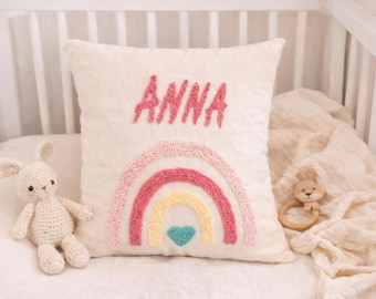 Personalized Baby Name Pillow, Rainbow Nursery Decor, Handmade Punch Needle Cushion, Custom Baby Gift