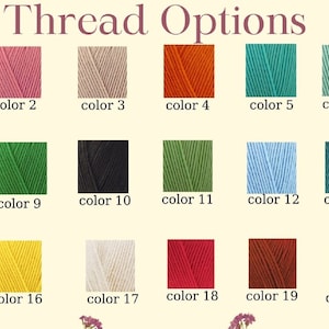 Op de afbeelding: Een kaart met 21 verschillende kleuren garen. De kleuren zijn gerangschikt in drie rijen van zeven. De kleuren zijn: lavendel, roze, beige, oranje, teal, lichtgroen, grijs, donkerblauw, groen, zwart, olijfgroen, lichtblauw, donkerblauw, lichtroze, cr&egrave;me, geel, wit, rood, bruin, wit en bruin.