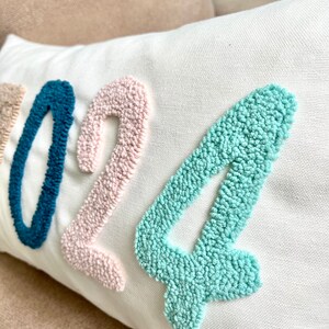 May include: A white pillow with the number 2024 embroidered in blue, pink, and green yarn.