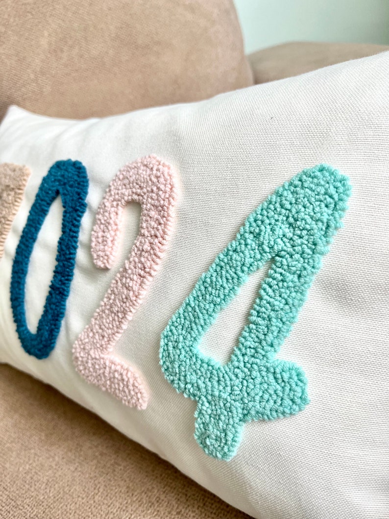May include: A white pillow with the number 2024 embroidered in blue, pink, and green yarn.