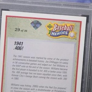 May include: A baseball card from the "Baseball Heroes" series, encased in a protective holder. The card features text including "1941 .406!" and details about the 1941 baseball season. The card is labeled "29 of 36".