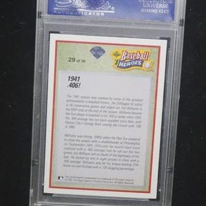 May include: A baseball card encased in a clear plastic holder. The card features text and graphics, including "Baseball Heroes" and "1941 .406!". The card is graded and authenticated by "Shores Authenticator".