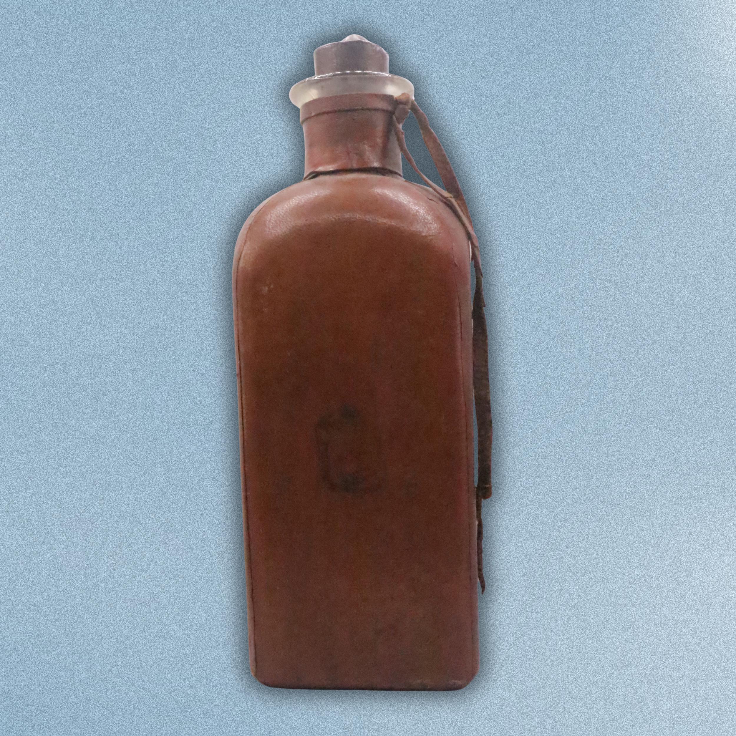 Antique Leather Covered Glass Flask: Primitive Hunting Travel Barware, Wood Stopper