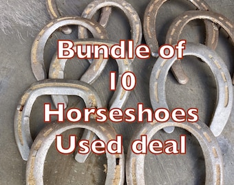 May include: Bundle of 10 used horseshoes. The horseshoes are made of metal and have a rustic, weathered look.