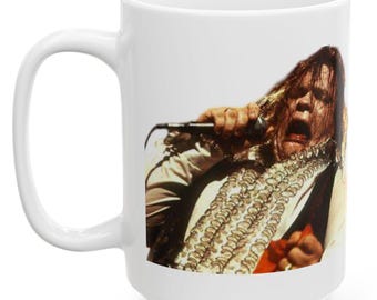 Taza de cerámica con diseño de banda de rock Meatloaf, con portada de álbum retro, ideal como regalo para amantes de la música.