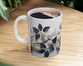 Floral Ceramic Coffee Mug, Black and White Flower Design, 11oz