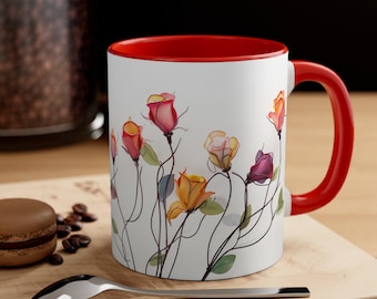 Floral Coffee Mug, Colorful Roses, Vintage Botanical Design