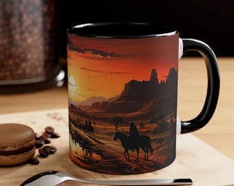 Taza de café con diseño de puesta de sol y caballo del oeste - Diseño gráfico ecuestre