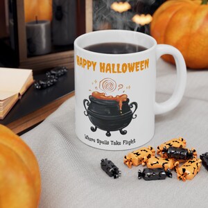 Halloween mug, Pumpkin coffee cup, Witchy brew, Black cat design, Fall Decor, October Gift, Spooky brew, Fall home decor Ceramic Mug 11oz