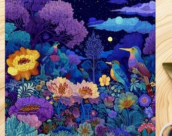 Whimsical Flower Tree Jigsaw Puzzle 1000+ Piece Fantasy Garden & Wildflower Design, Moonlit Bird Scene Wall Art Puzzle, Family Adult Gift