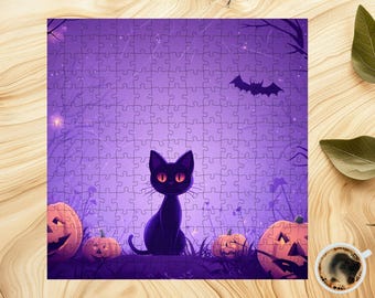 Black Cat Halloween Puzzle: Spooky Pumpkins Jigsaw