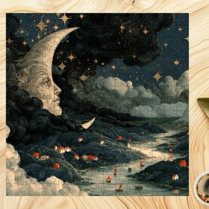May include: A square jigsaw puzzle featuring a surreal night landscape with a large crescent moon face overlooking a dark river valley. The scene includes small houses with red roofs, tiny boats on the water, and a starry sky filled with dark clouds.